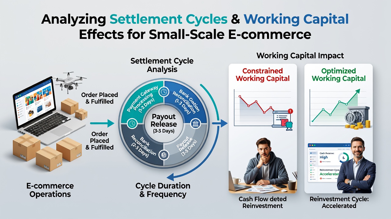 Chart illustrating cash flow timing differences before and after settlement for e-commerce merchants