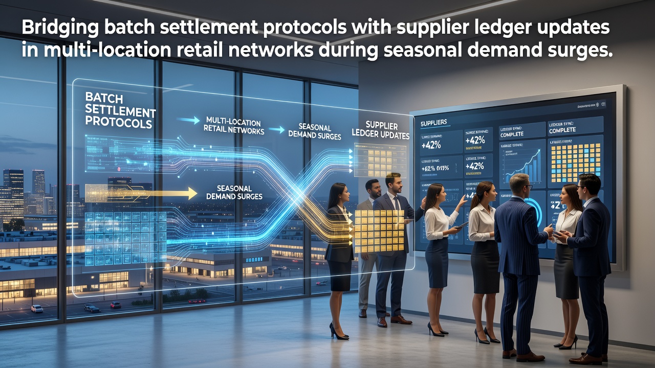 Retail network operations showing batch settlement systems connected to supplier ledgers across multiple store locations