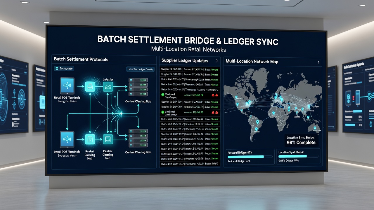 Central dashboard displaying synchronized batch settlement data and supplier ledger adjustments for retail locations