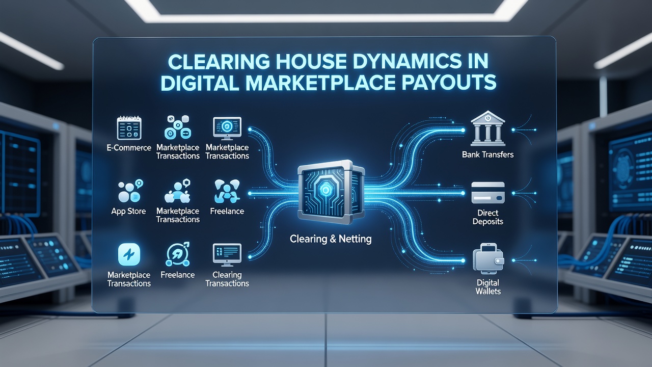 Diagram showing fund flows between marketplaces, clearing houses, and seller accounts