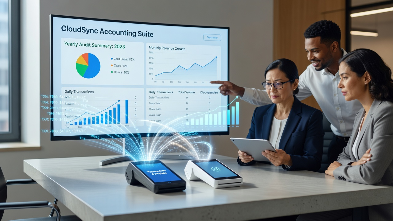 Card reader connected to cloud accounting dashboard showing synced daily sales data