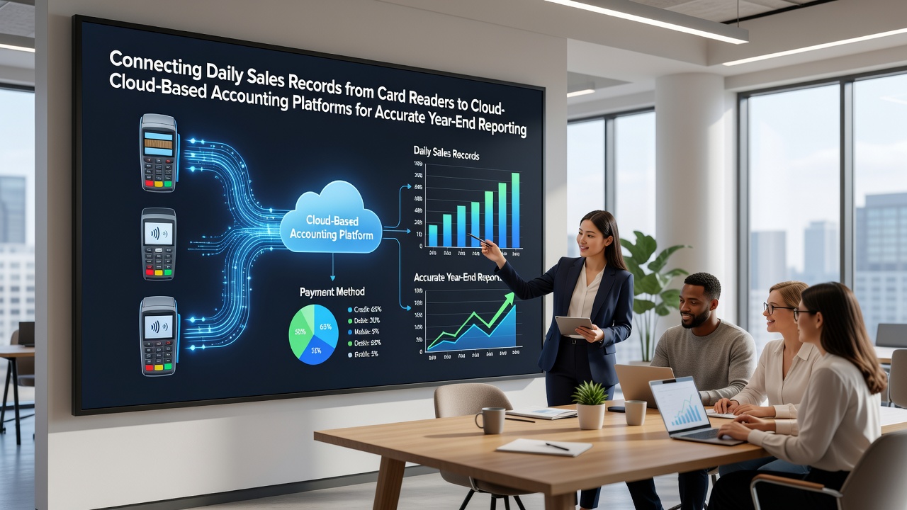 Accountant reviewing synced sales reports on a laptop with cloud platform interface visible