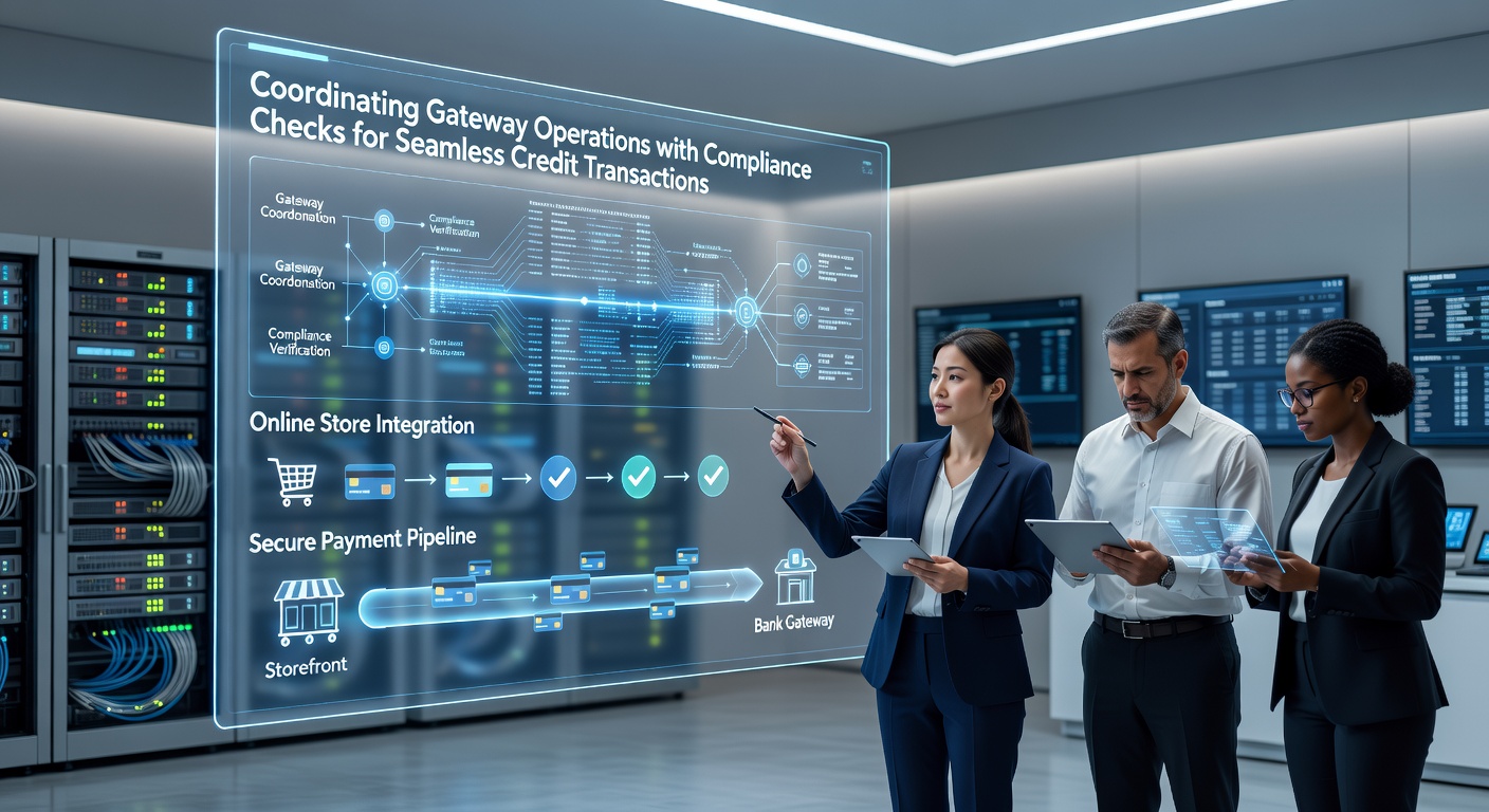 Payment gateway interface displaying real-time compliance verification alongside credit transaction processing in an e-commerce dashboard