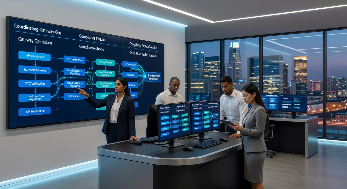 Compliance dashboard integrated with payment gateway operations showing synchronized credit transaction approvals