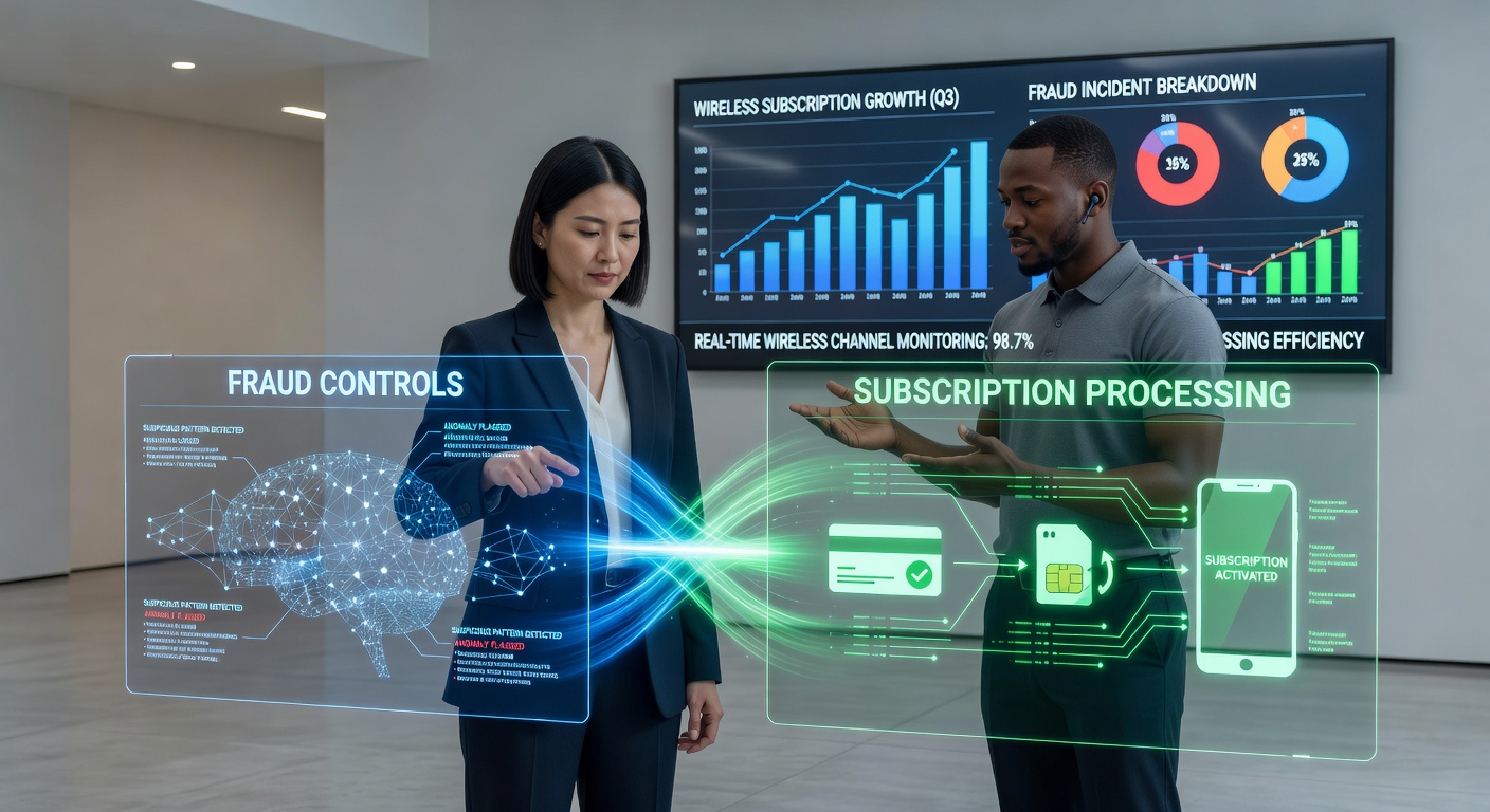 Wireless sales channel operations showing subscription processing interfaces integrated with fraud detection systems