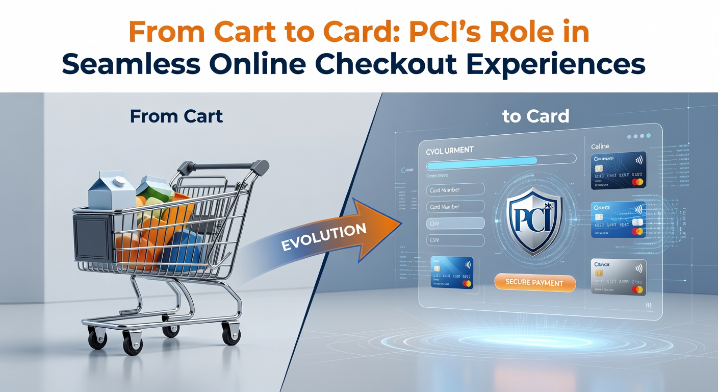 Digital illustration showing a shopping cart smoothly transforming into a credit card during an online checkout process, symbolizing secure payment transitions