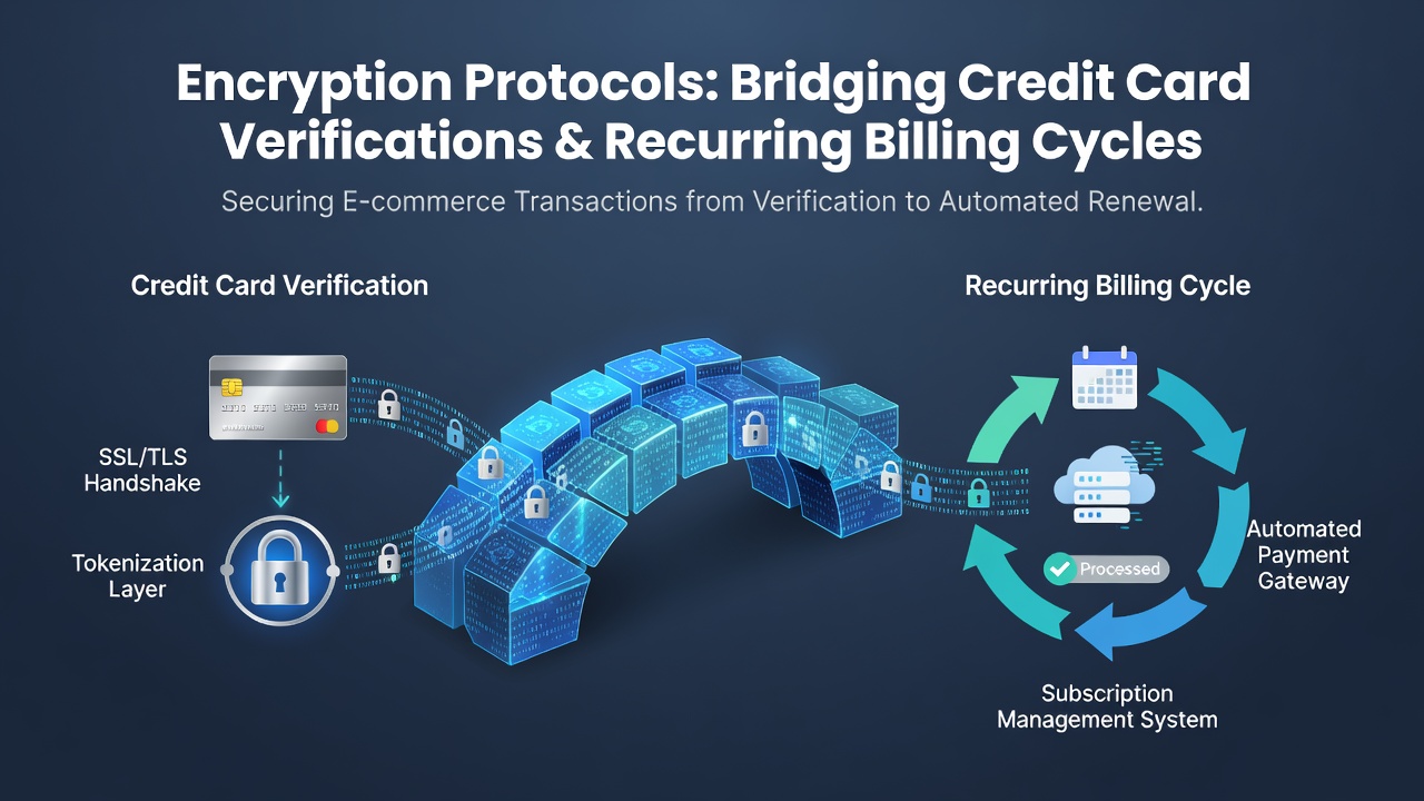 Illustration of encryption protocols securing credit card data flows between verification systems and recurring billing cycles in e-commerce
