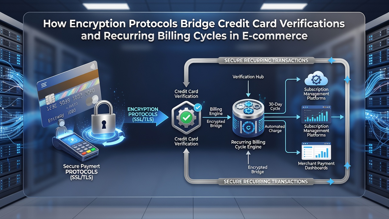 Diagram showing secure data pathways where encryption protocols connect card verification steps to recurring payment processing in online platforms
