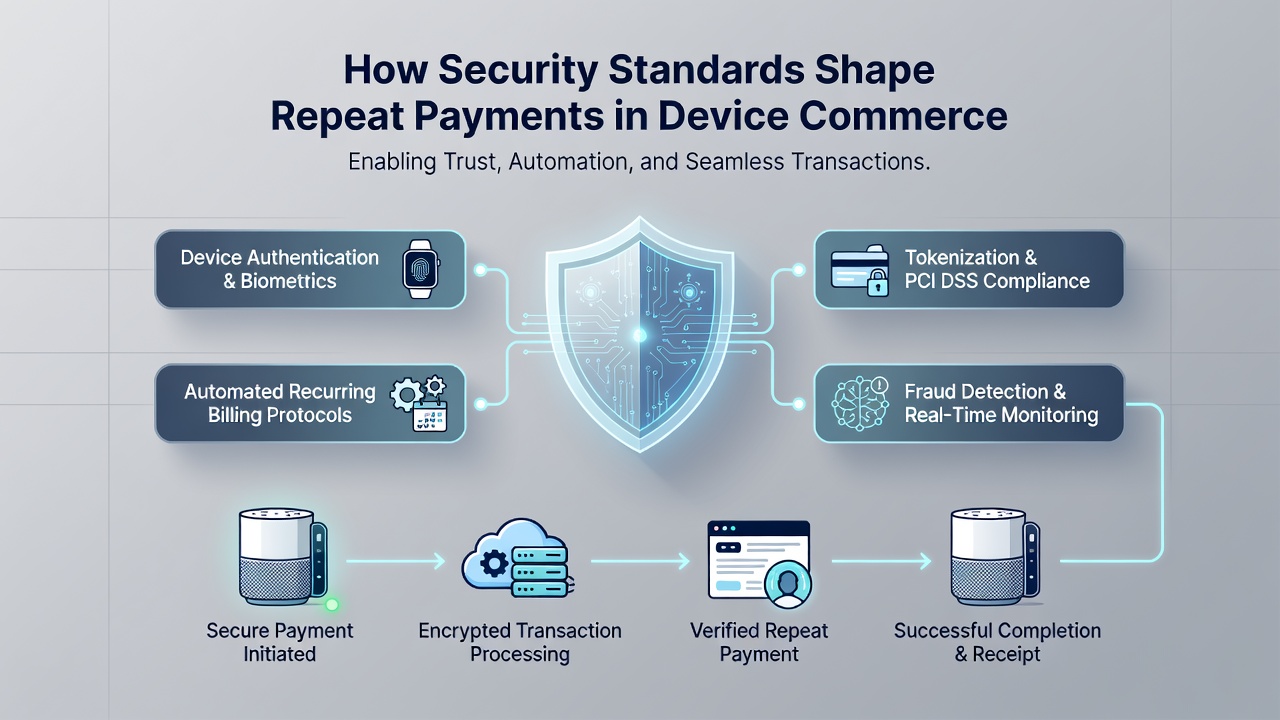 Device commerce terminals processing secure repeat payments under updated standards
