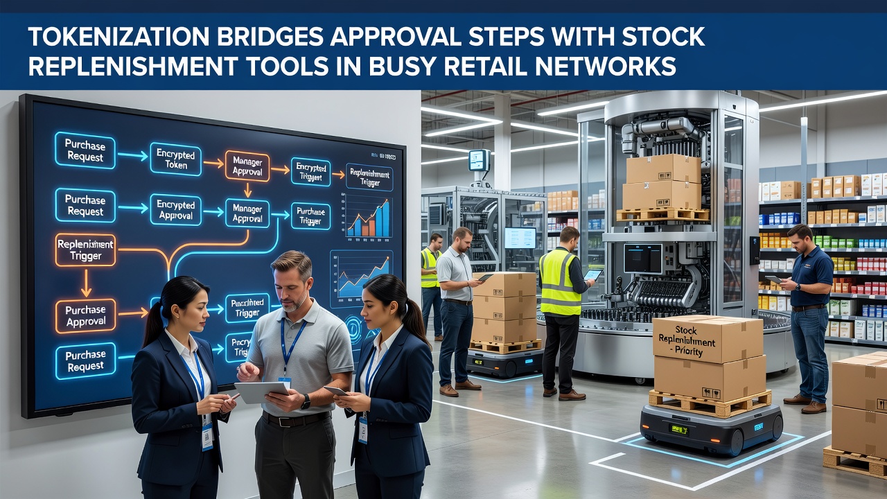 Diagram showing tokenized payment flows connecting approval systems to retail inventory management platforms