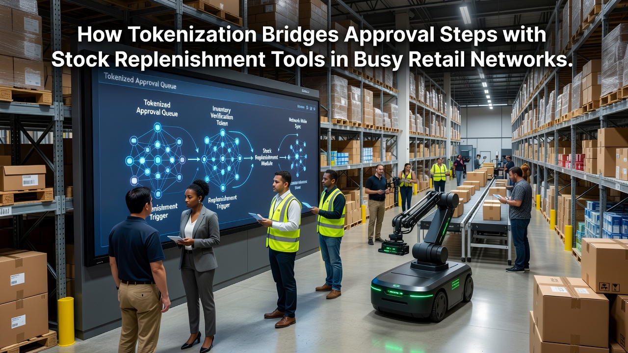 Retail store interior with digital inventory screens updating after tokenized transactions