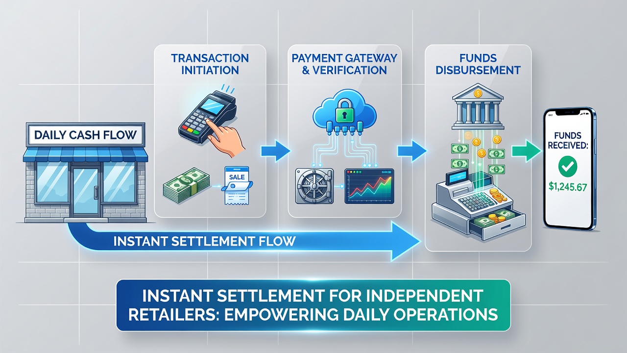 Independent retailer processing a transaction at the point of sale with instant settlement indicators displayed on the terminal