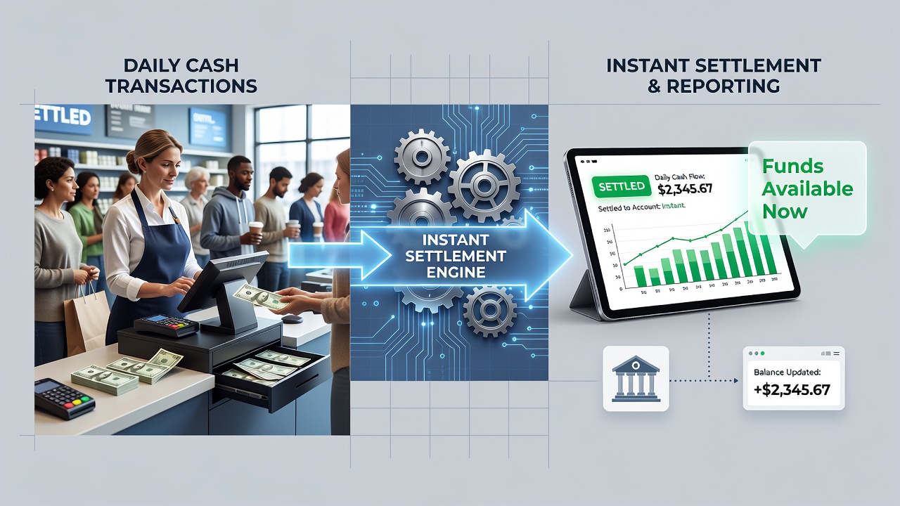 Dashboard view showing real-time transaction settlements flowing into a retailer's bank account alongside inventory updates