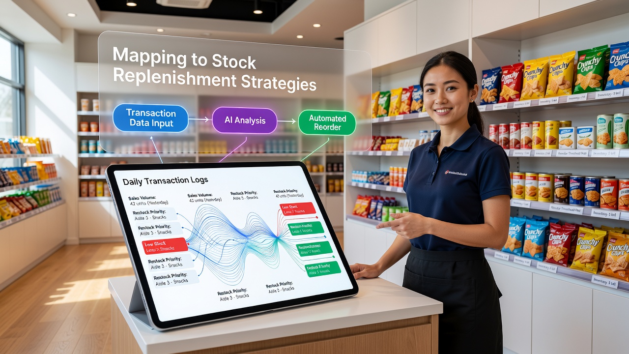 Corner retailer reviewing daily transaction logs on a tablet next to stocked shelves