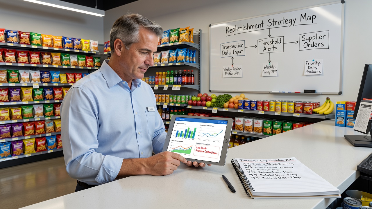 Store manager updating inventory counts from transaction reports in a small retail back office