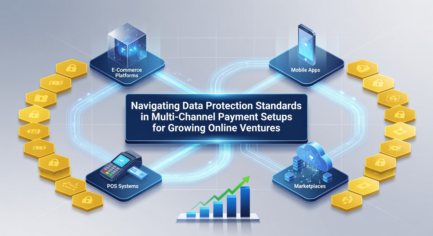 Illustration of secure multi-channel payment systems connecting online stores, mobile apps, and in-store terminals with data protection layers