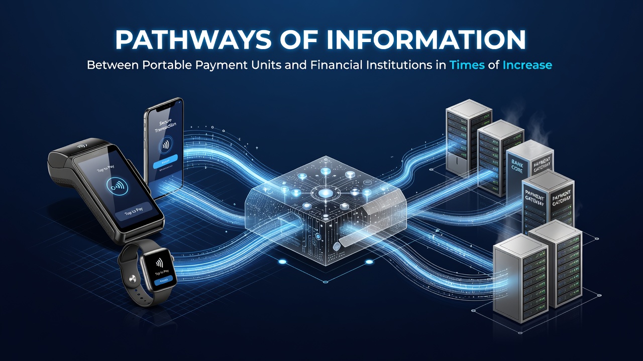 Data flow diagram showing portable devices linking to banking ledgers under peak commercial load