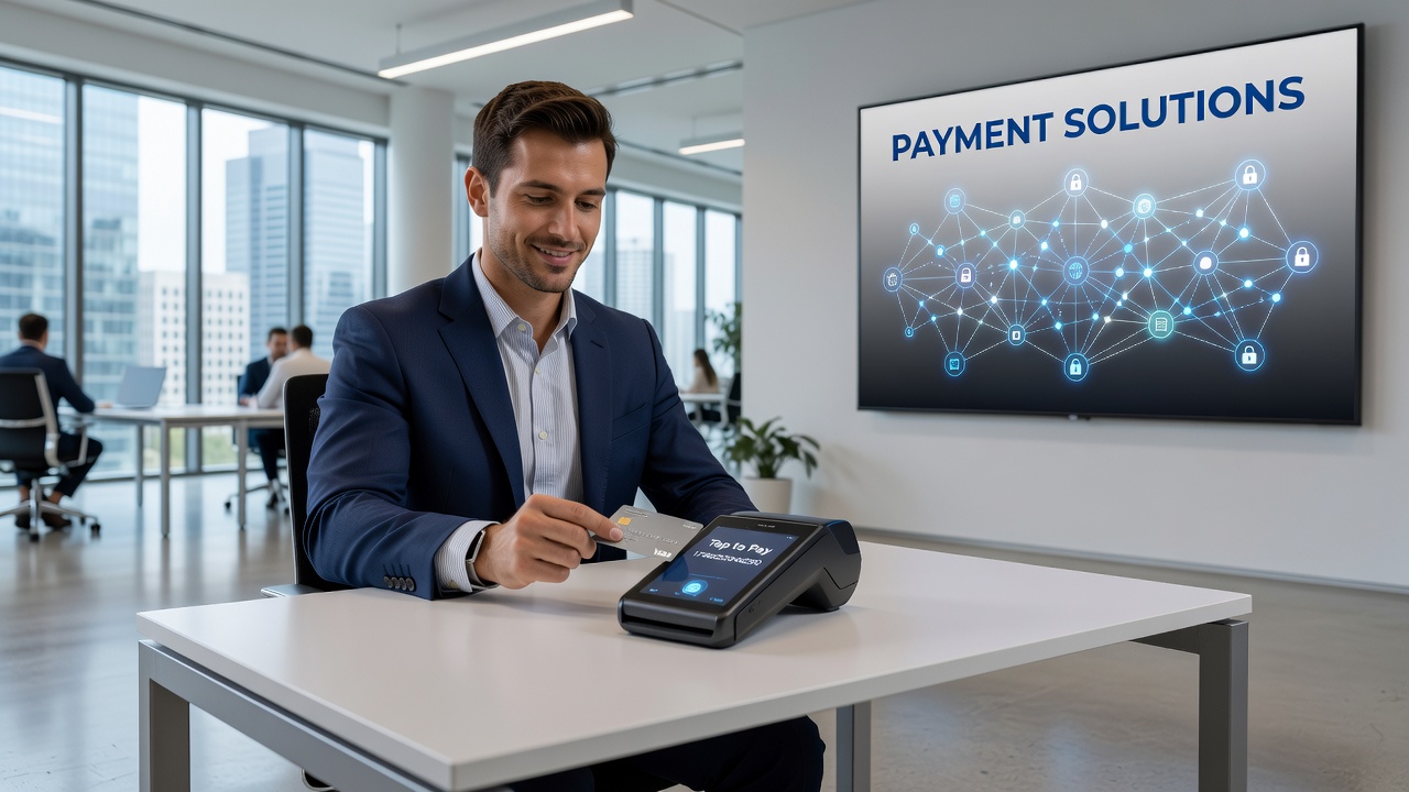 Business team reviewing integrated payment dashboards on multiple screens