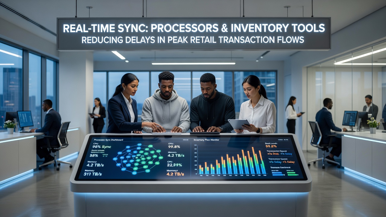 Retail checkout system showing real-time processor and inventory data synchronization during high-volume sales