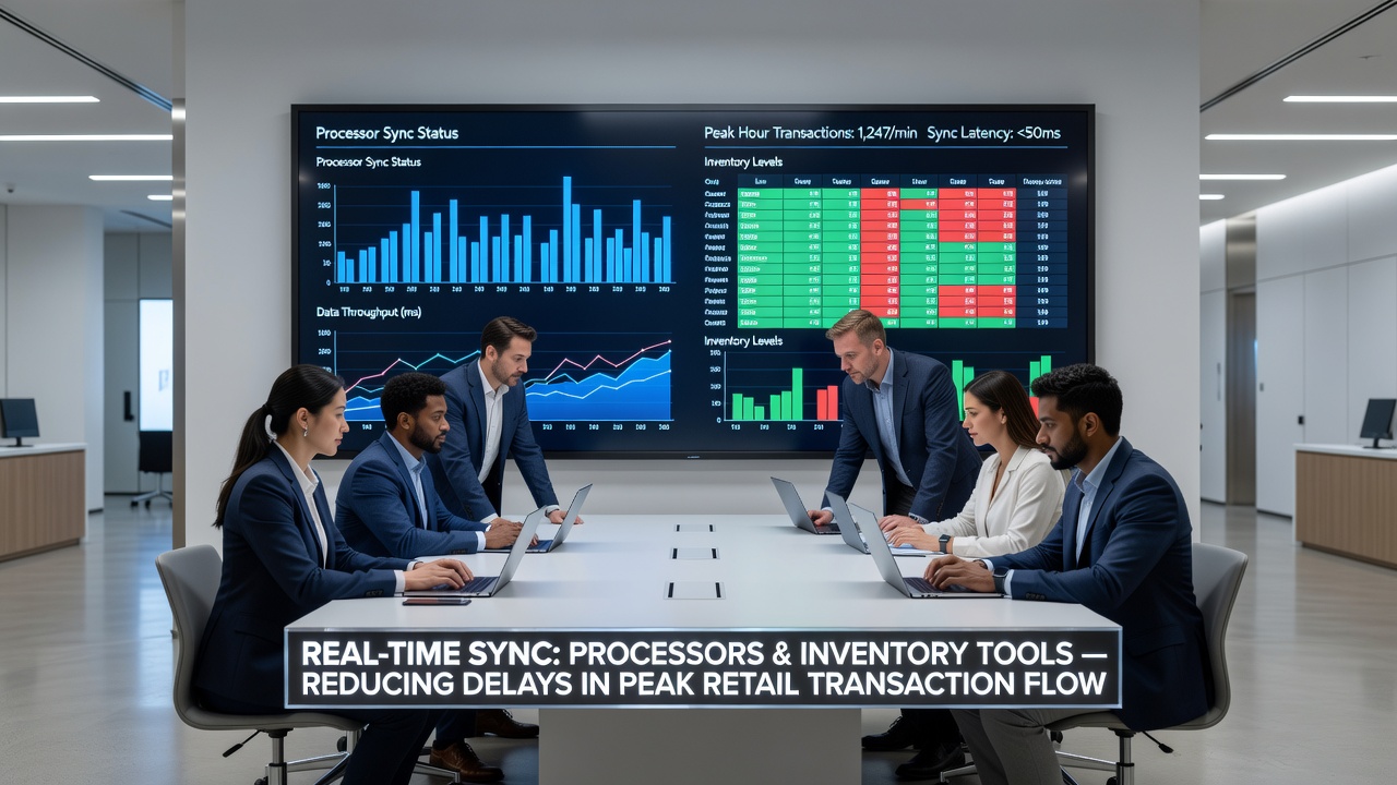 Dashboard view of synchronized payment processing and live inventory tracking during retail peak hours