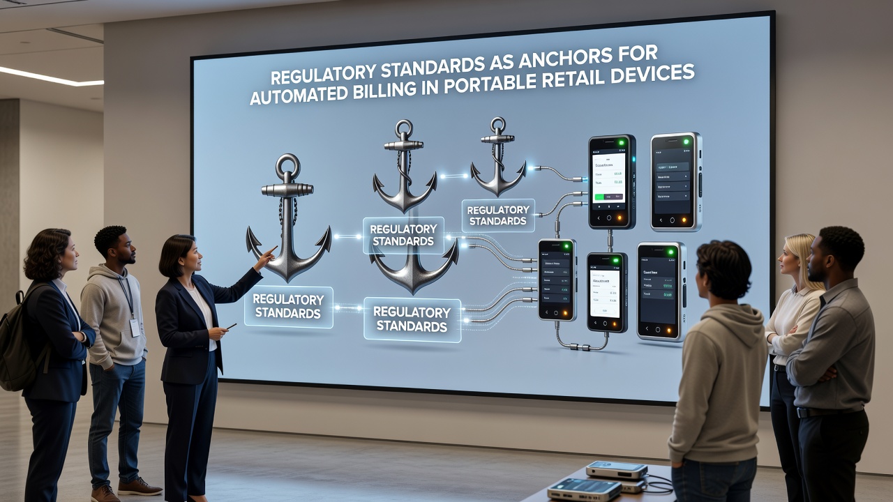 Close-up of regulatory compliance dashboard on a portable retail payment device