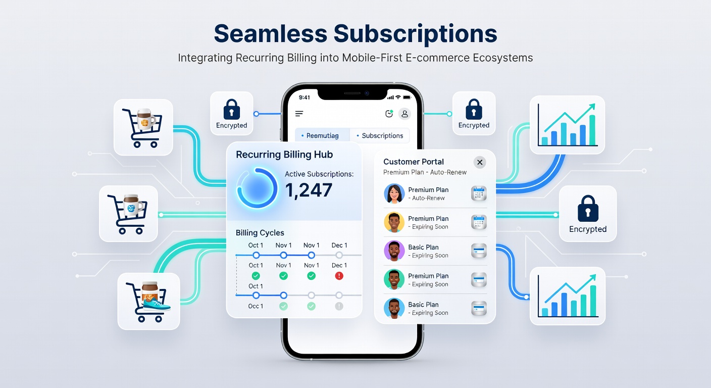 Mobile phone displaying a subscription checkout screen with seamless recurring billing options in an e-commerce app