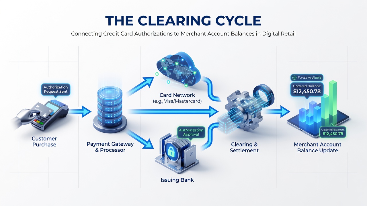 Illustration of settlement batch processing and balance reconciliation in merchant accounts for online retail platforms