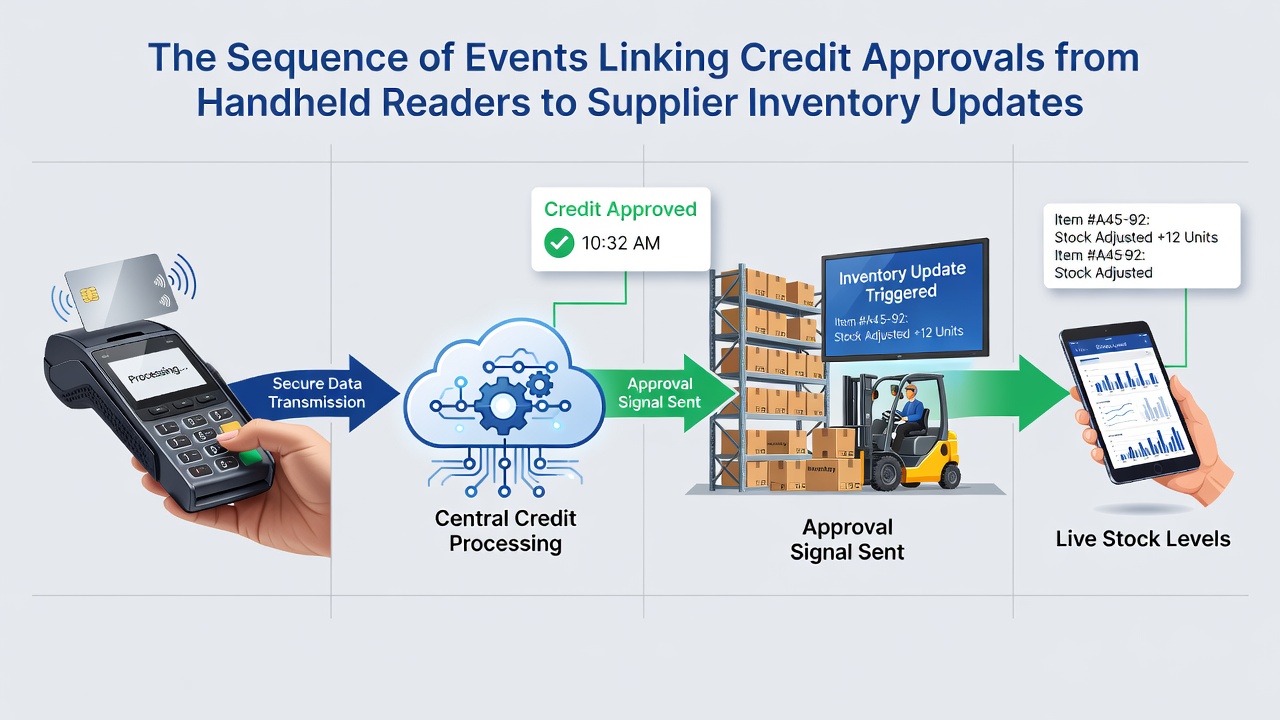 Retail inventory dashboard displaying synchronized stock levels after multiple handheld transactions during peak sales