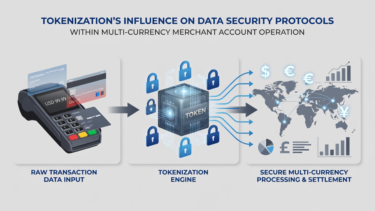 Global retail network diagram illustrating token flows between merchant accounts and currency conversion points