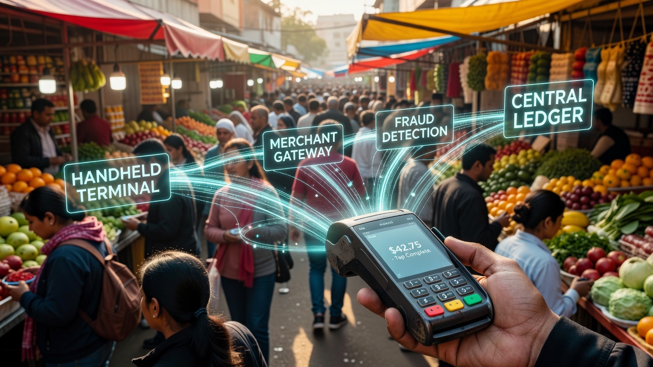 Handheld payment terminal scanning items at a busy outdoor market with crowds in the background during peak season