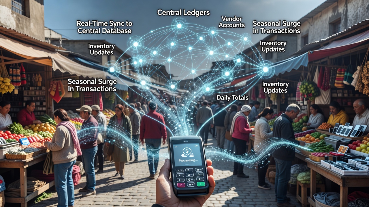 Close-up of digital ledger screen displaying synchronized transaction data from multiple handheld terminals during high-volume trading hours