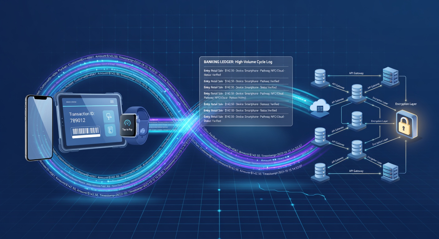 Data flow diagram showing portable device transactions moving through networks to banking ledgers during peak retail periods