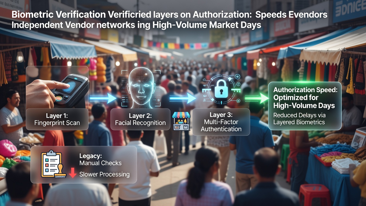Biometric scanners integrated with vendor payment terminals during crowded market operations
