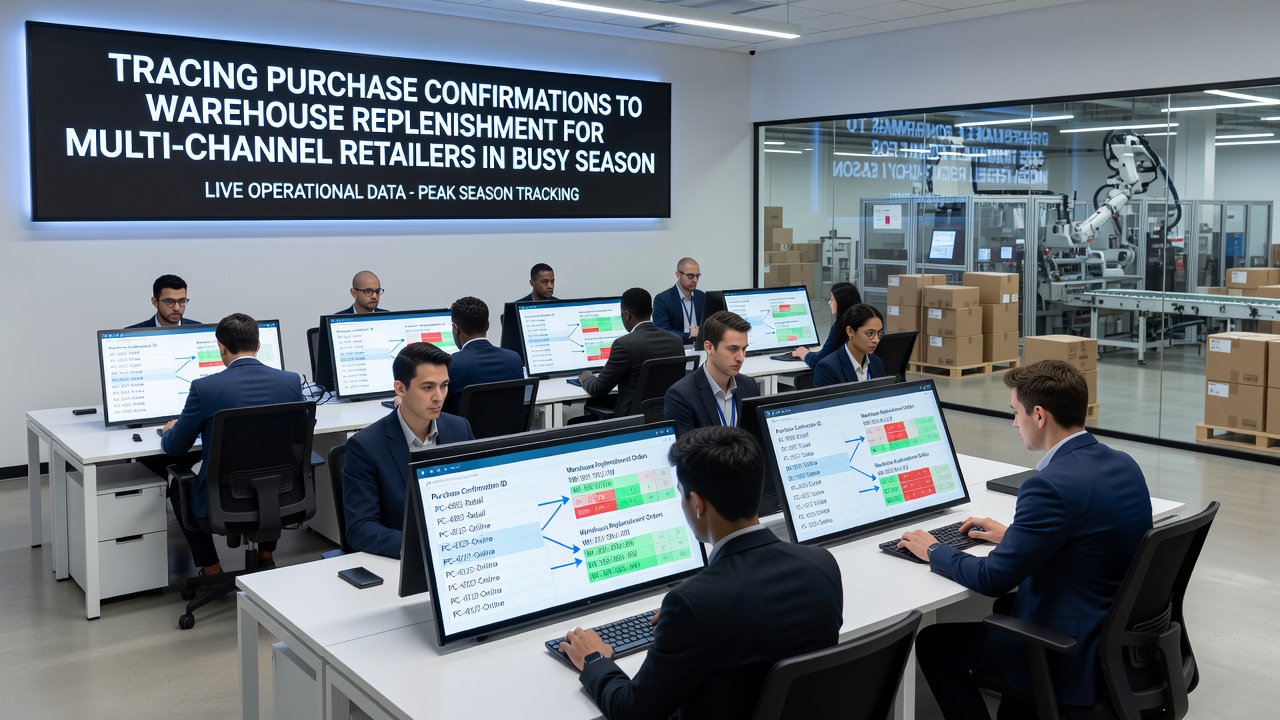 Warehouse staff reviewing real-time dashboards that link recent purchase confirmations to upcoming replenishment shipments