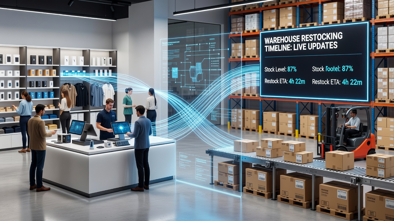 Warehouse staff using handheld scanners to update stock levels linked to real-time retail sales data